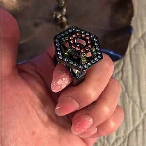 Hexagonal Multicolor Crystal Statement Ring - Pink & Blue